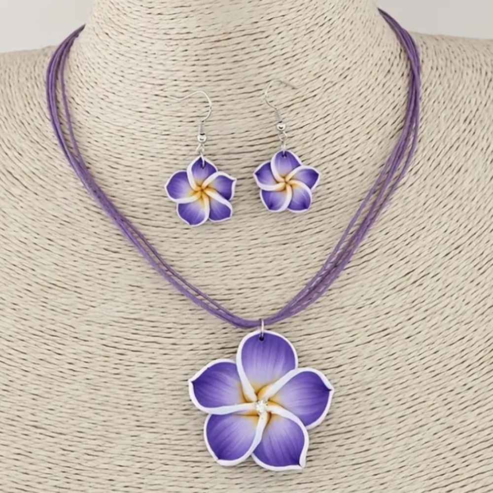 Tropical Purple Plumeria Flower Necklace & Earring Set